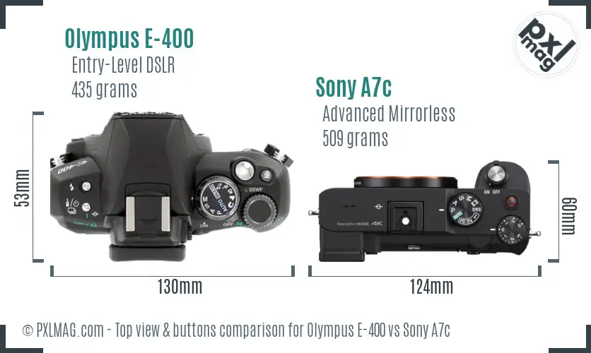 Olympus E-400 vs Sony A7c top view buttons comparison