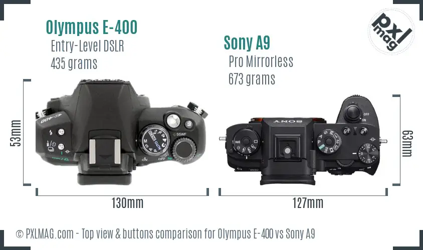 Olympus E-400 vs Sony A9 top view buttons comparison