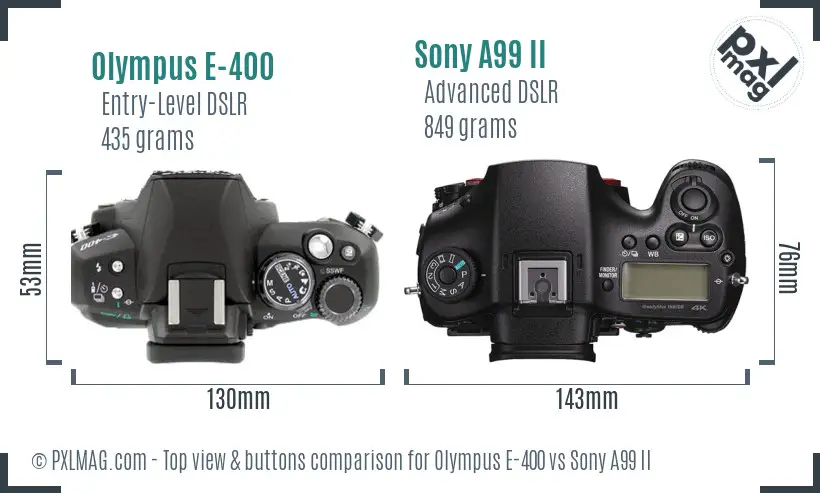Olympus E-400 vs Sony A99 II top view buttons comparison