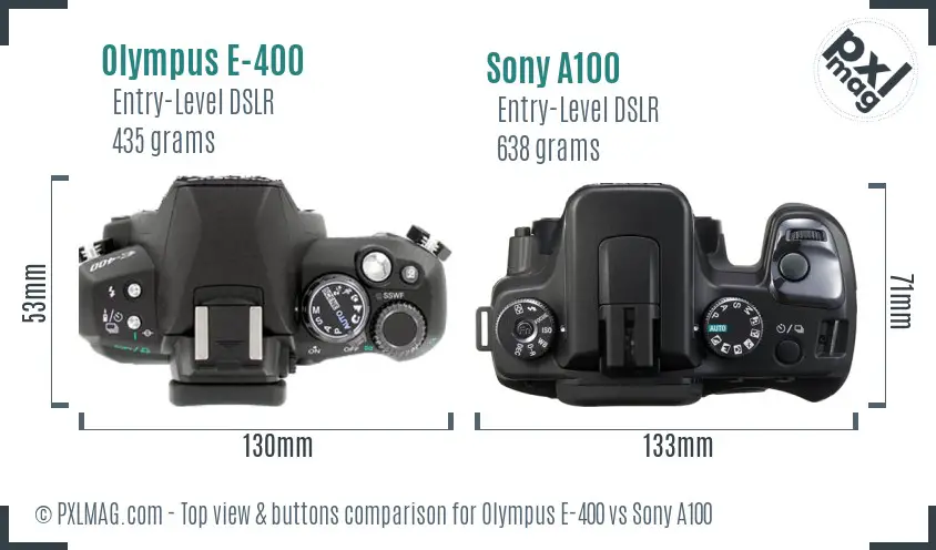 Olympus E-400 vs Sony A100 top view buttons comparison