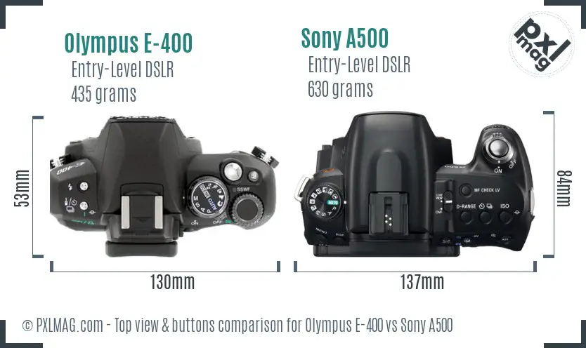 Olympus E-400 vs Sony A500 top view buttons comparison