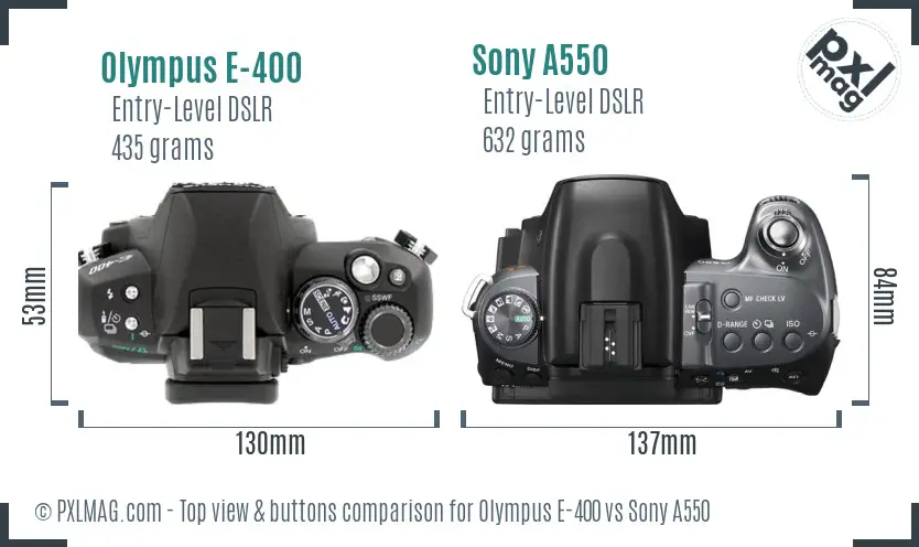Olympus E-400 vs Sony A550 top view buttons comparison