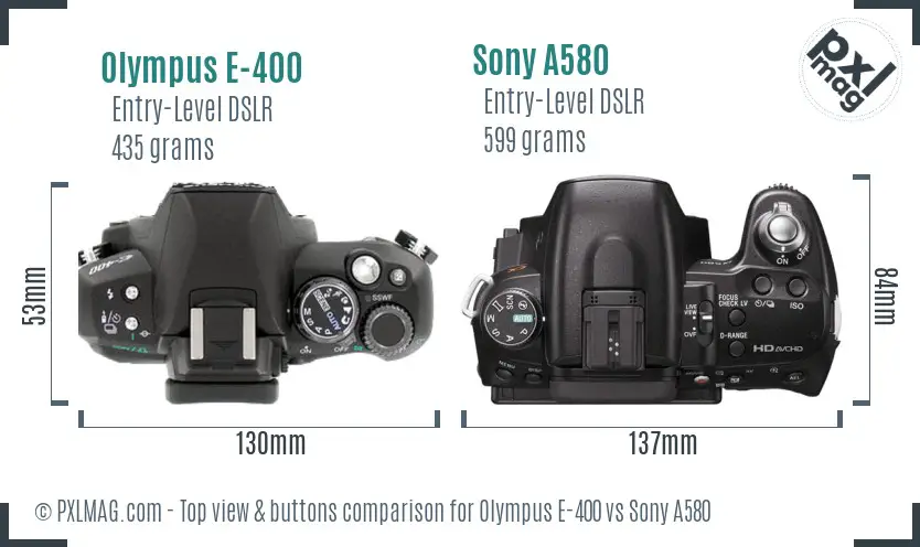 Olympus E-400 vs Sony A580 top view buttons comparison