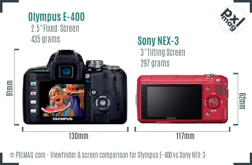 Olympus E-400 vs Sony NEX-3 Screen and Viewfinder comparison