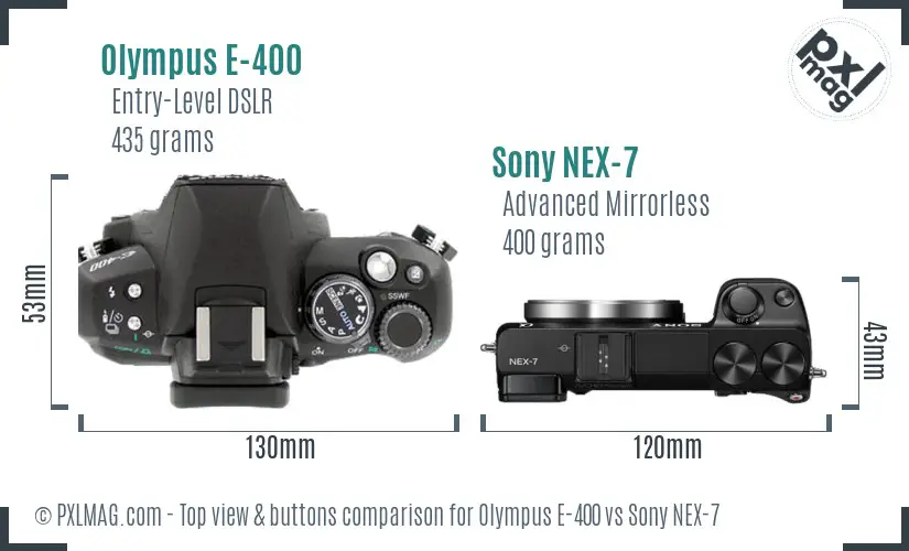 Olympus E-400 vs Sony NEX-7 top view buttons comparison