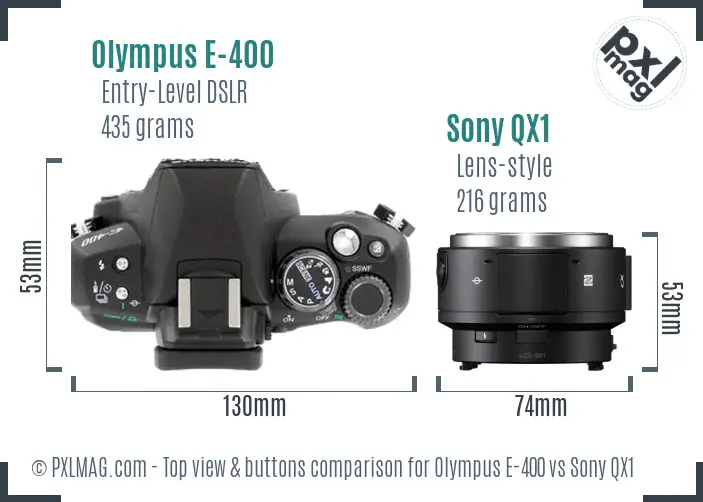 Olympus E-400 vs Sony QX1 top view buttons comparison