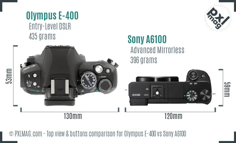 Olympus E-400 vs Sony A6100 top view buttons comparison Olympus E-400 vs Sony A6100 top view buttons comparison