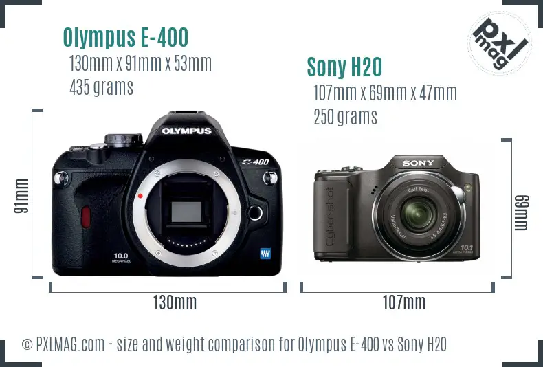 Olympus E-400 vs Sony H20 size comparison