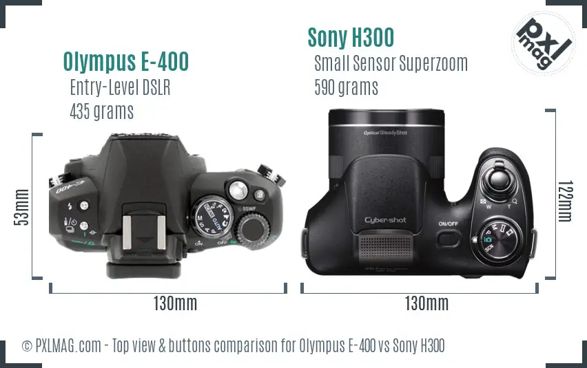 Olympus E-400 vs Sony H300 top view buttons comparison