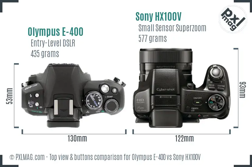 Olympus E-400 vs Sony HX100V top view buttons comparison