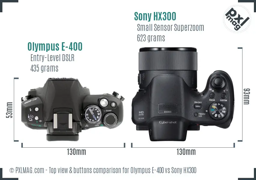 Olympus E-400 vs Sony HX300 top view buttons comparison