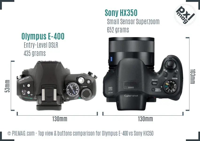 Olympus E-400 vs Sony HX350 top view buttons comparison