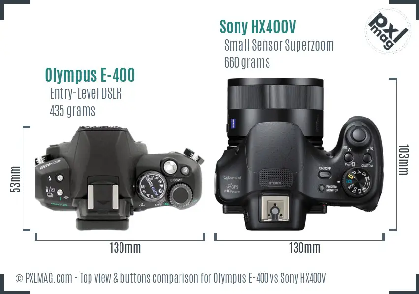 Olympus E-400 vs Sony HX400V top view buttons comparison