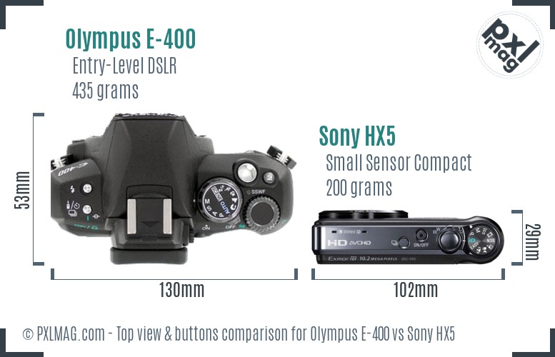 Olympus E-400 vs Sony HX5 top view buttons comparison