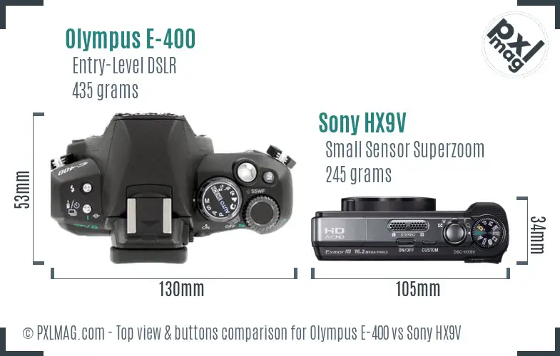 Olympus E-400 vs Sony HX9V top view buttons comparison