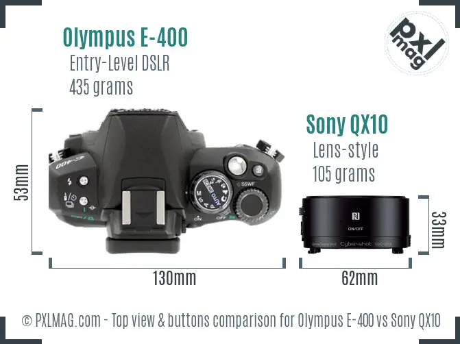 Olympus E-400 vs Sony QX10 top view buttons comparison