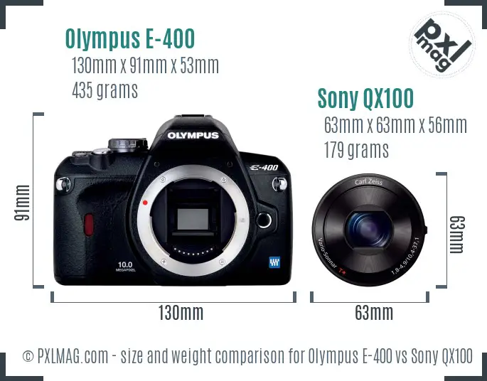 Olympus E-400 vs Sony QX100 size comparison