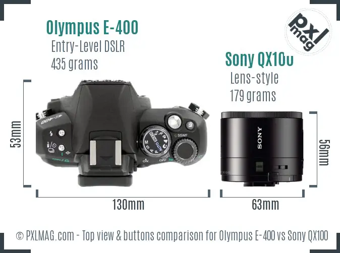 Olympus E-400 vs Sony QX100 top view buttons comparison