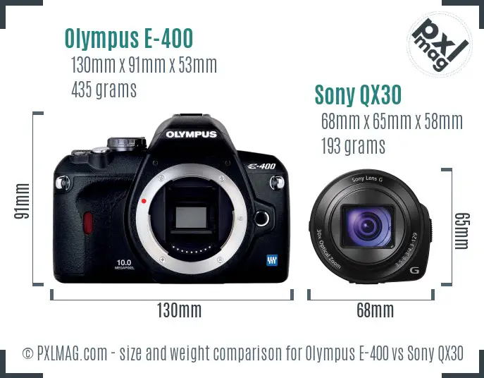 Olympus E-400 vs Sony QX30 size comparison