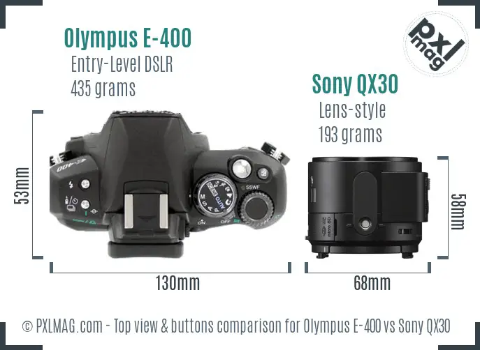 Olympus E-400 vs Sony QX30 top view buttons comparison