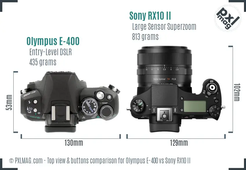Olympus E-400 vs Sony RX10 II top view buttons comparison