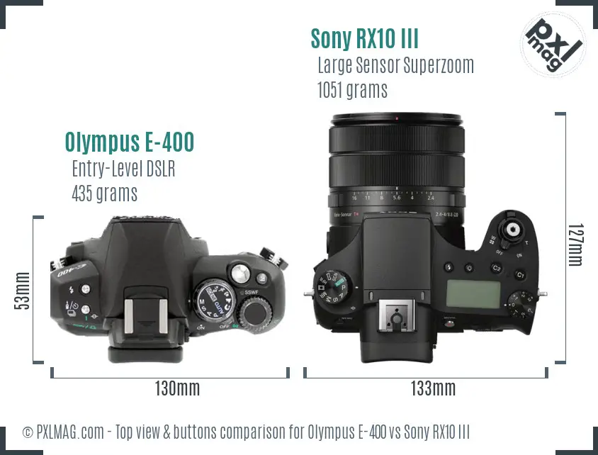 Olympus E-400 vs Sony RX10 III top view buttons comparison