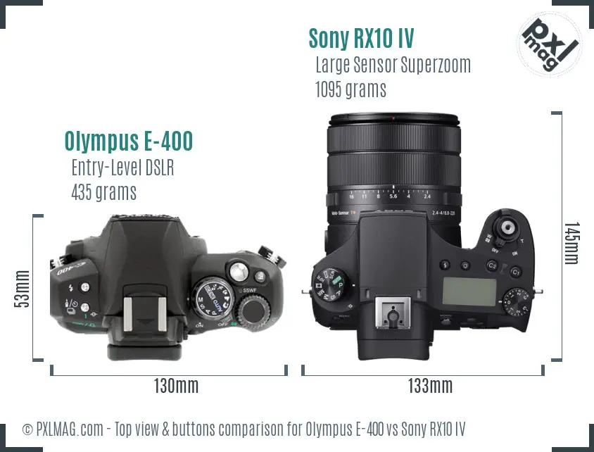 Olympus E-400 vs Sony RX10 IV top view buttons comparison