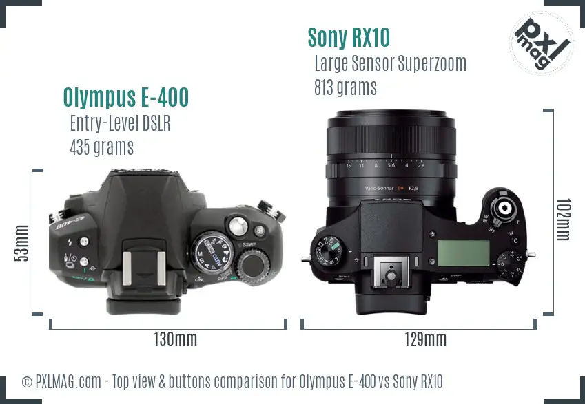 Olympus E-400 vs Sony RX10 top view buttons comparison