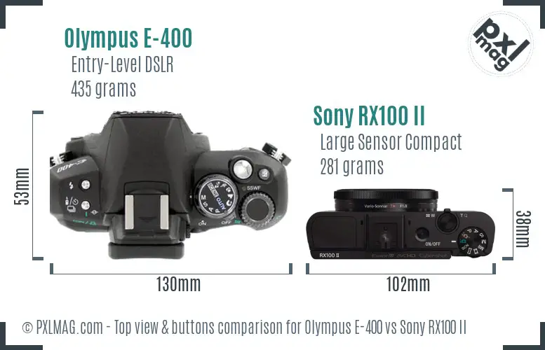 Olympus E-400 vs Sony RX100 II top view buttons comparison