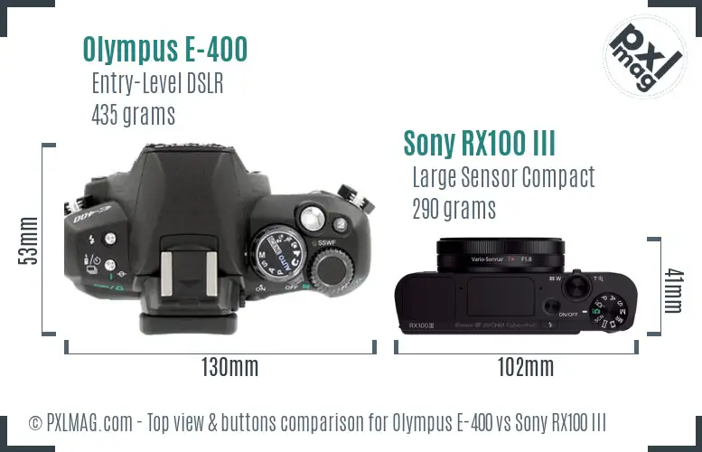 Olympus E-400 vs Sony RX100 III top view buttons comparison