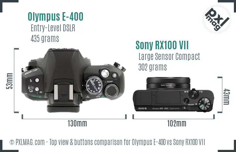 Olympus E-400 vs Sony RX100 VII top view buttons comparison