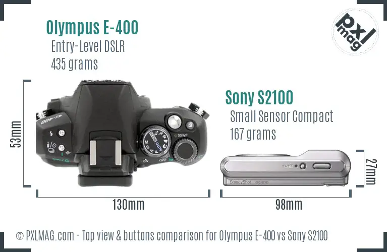Olympus E-400 vs Sony S2100 top view buttons comparison