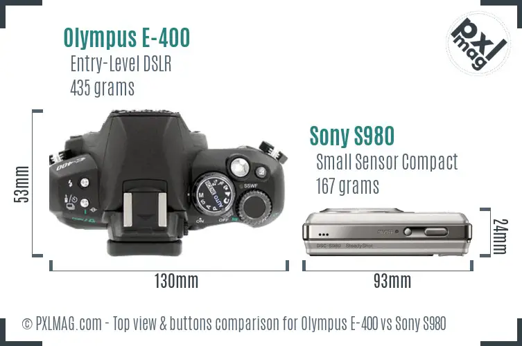 Olympus E-400 vs Sony S980 top view buttons comparison
