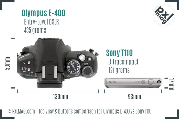 Olympus E-400 vs Sony T110 top view buttons comparison