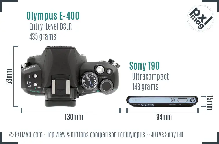 Olympus E-400 vs Sony T90 top view buttons comparison Olympus E-400 vs Sony T90 top view buttons comparison