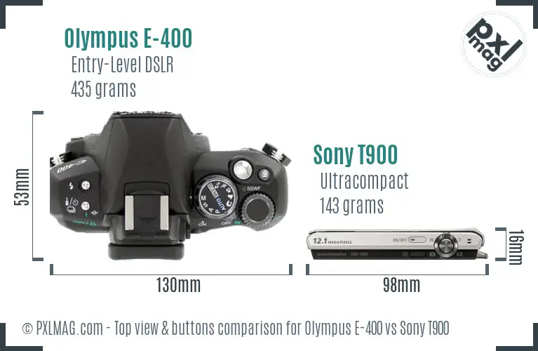 Olympus E-400 vs Sony T900 top view buttons comparison