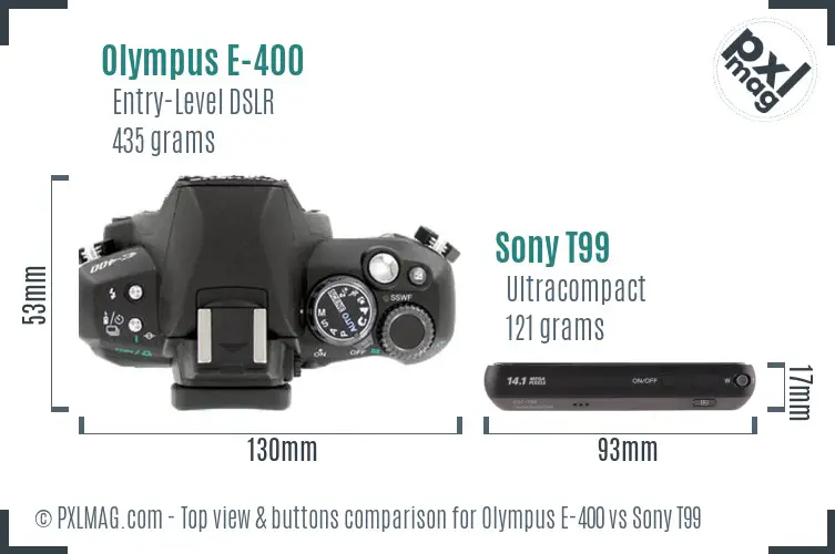Olympus E-400 vs Sony T99 top view buttons comparison