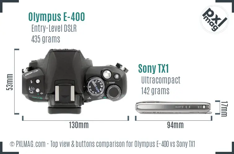 Olympus E-400 vs Sony TX1 top view buttons comparison