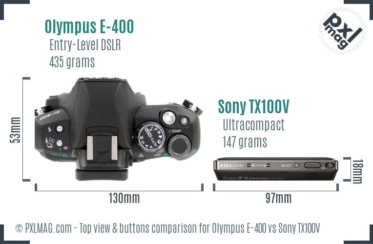 Olympus E-400 vs Sony TX100V top view buttons comparison