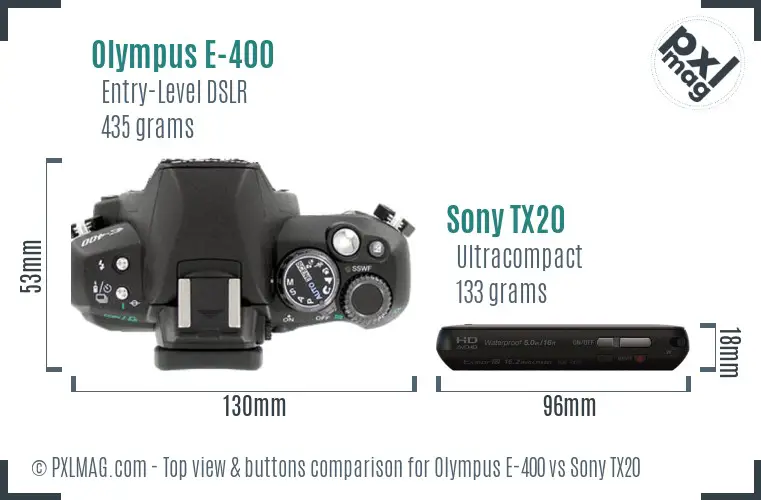 Olympus E-400 vs Sony TX20 top view buttons comparison Olympus E-400 vs Sony TX20 top view buttons comparison
