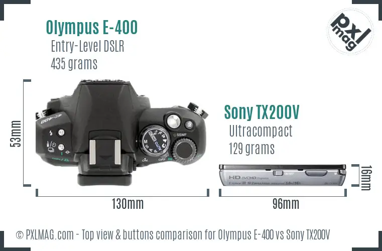 Olympus E-400 vs Sony TX200V top view buttons comparison