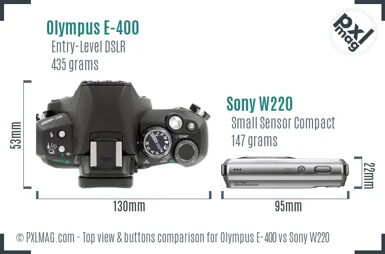 Olympus E-400 vs Sony W220 top view buttons comparison