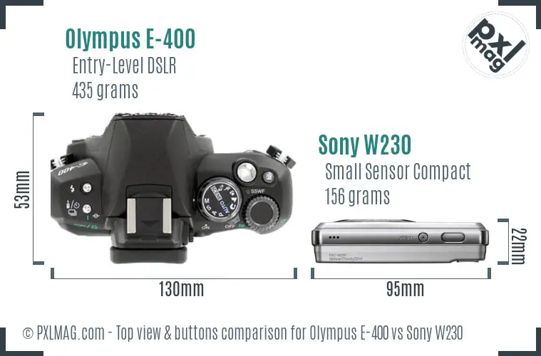 Olympus E-400 vs Sony W230 top view buttons comparison