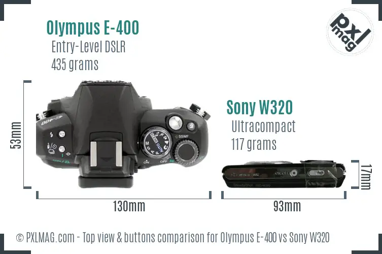 Olympus E-400 vs Sony W320 top view buttons comparison Olympus E-400 vs Sony W320 top view buttons comparison