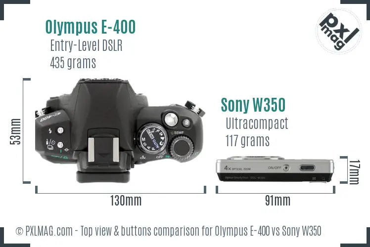 Olympus E-400 vs Sony W350 top view buttons comparison