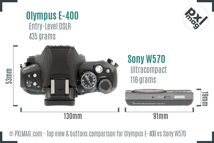 Olympus E-400 vs Sony W570 top view buttons comparison