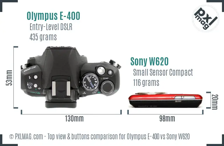 Olympus E-400 vs Sony W620 top view buttons comparison