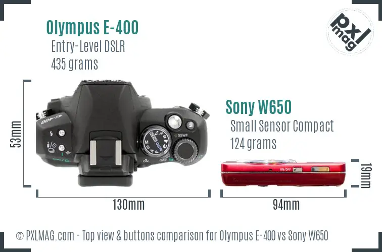 Olympus E-400 vs Sony W650 top view buttons comparison