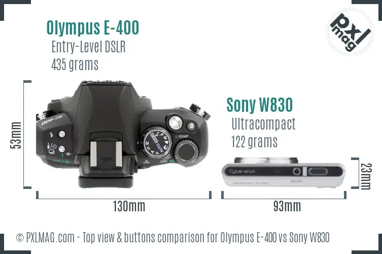 Olympus E-400 vs Sony W830 top view buttons comparison