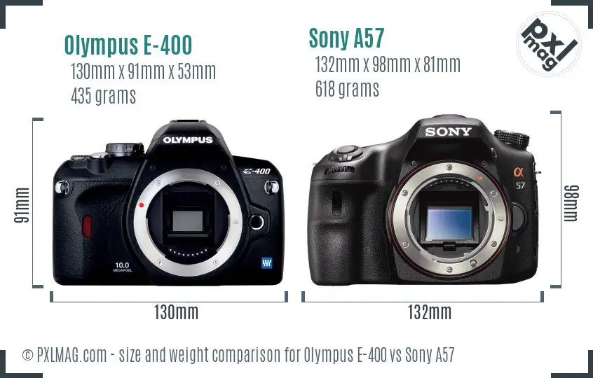 Olympus E-400 vs Sony A57 size comparison